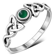 Celtic Trinity Silver Green Agate Ring, r586